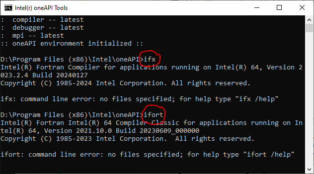 DOS Eingabeaufforderung mit Intel Fortran Environment