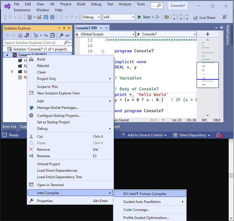 Intel Fortran in Visual Studio